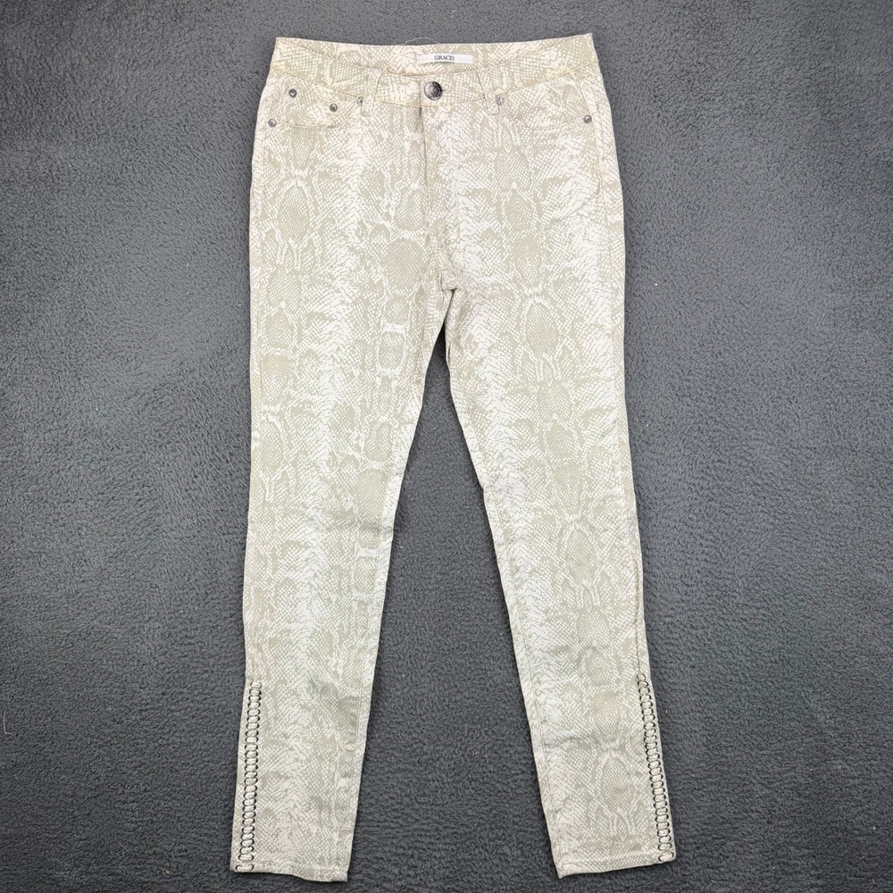 Grace in LA Women Snakeskin Print Skinny Jeans Beige Whipstitch Size 29